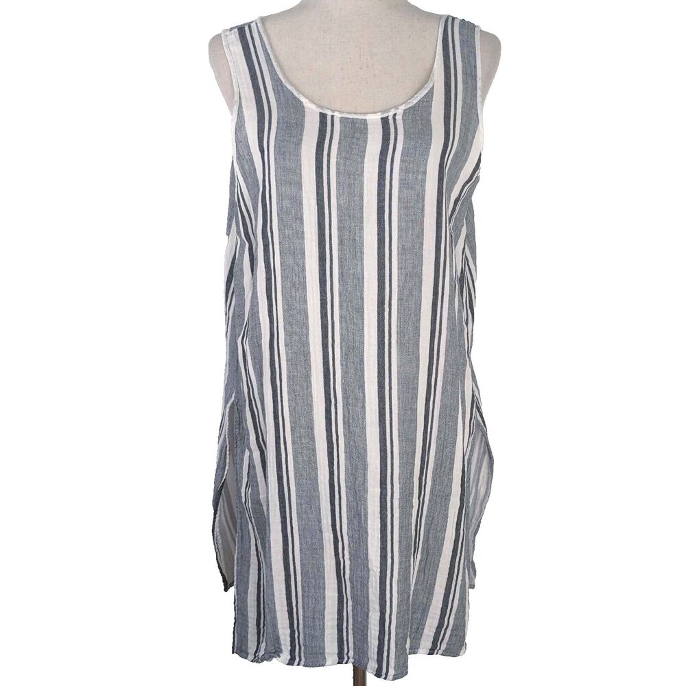 Starkx Women's LG Black White Striped 100% Cotton Beach Coverup Tunic Top